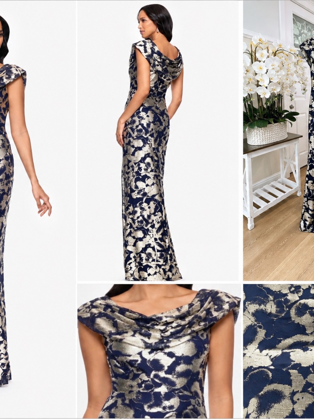 Betsy Adam Women's Cap Sleeve Metallic Brocade Draped Neckline Navy/Gold New$279